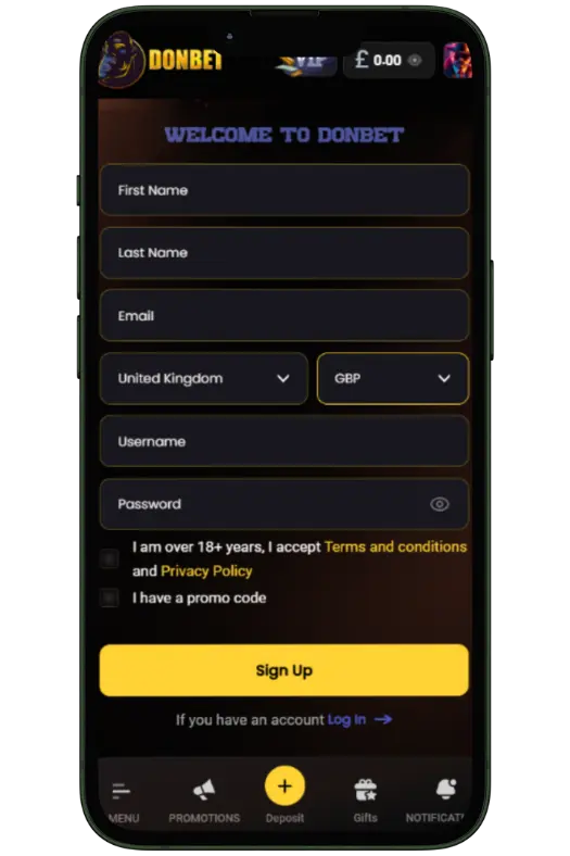 A screen showing the casino registration page