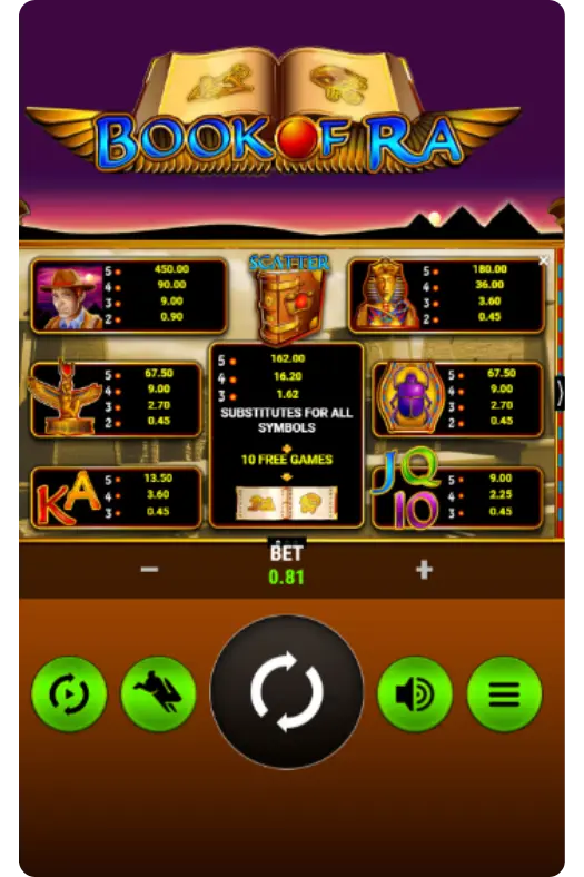 Book of Ra slot game screen showing main reels and symbols