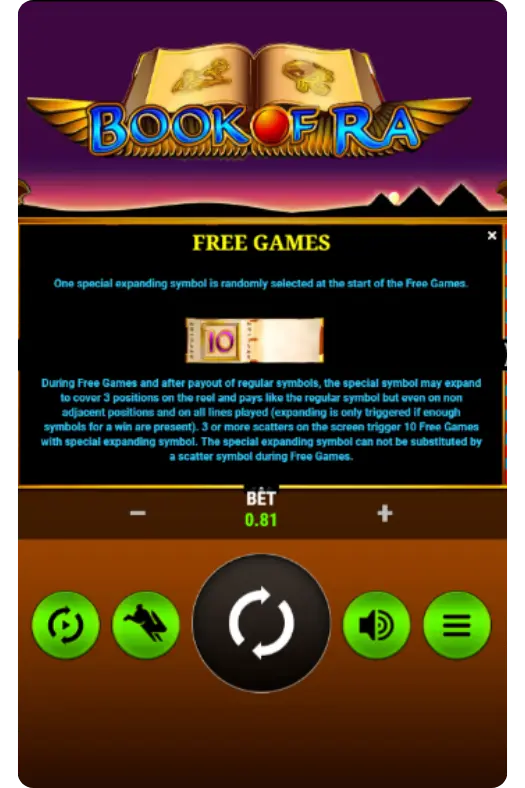 Book of Ra slot game free spins screen with 10 free games activated