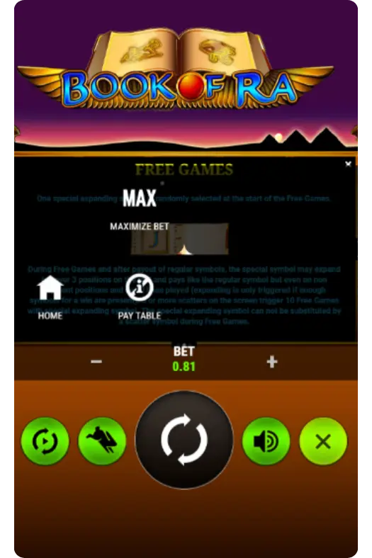 Book of Ra slot free games screen with maximize bet option