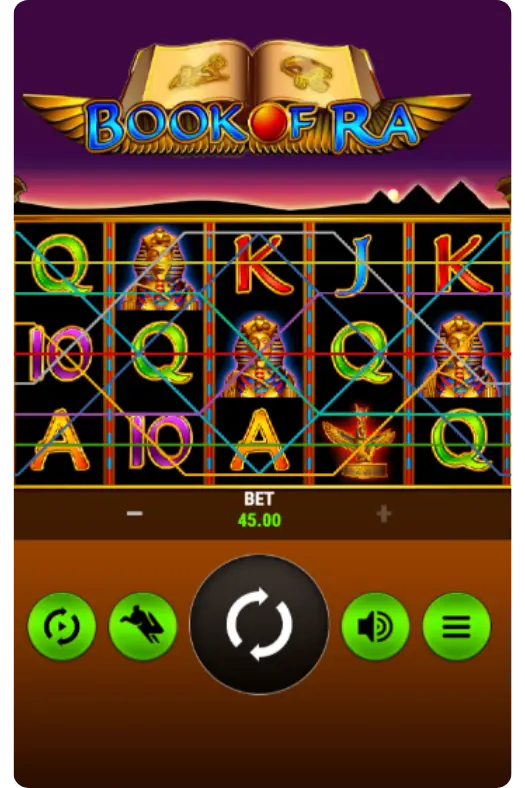 Book of Ra slot game screen with 45 GBP bet and active reels
